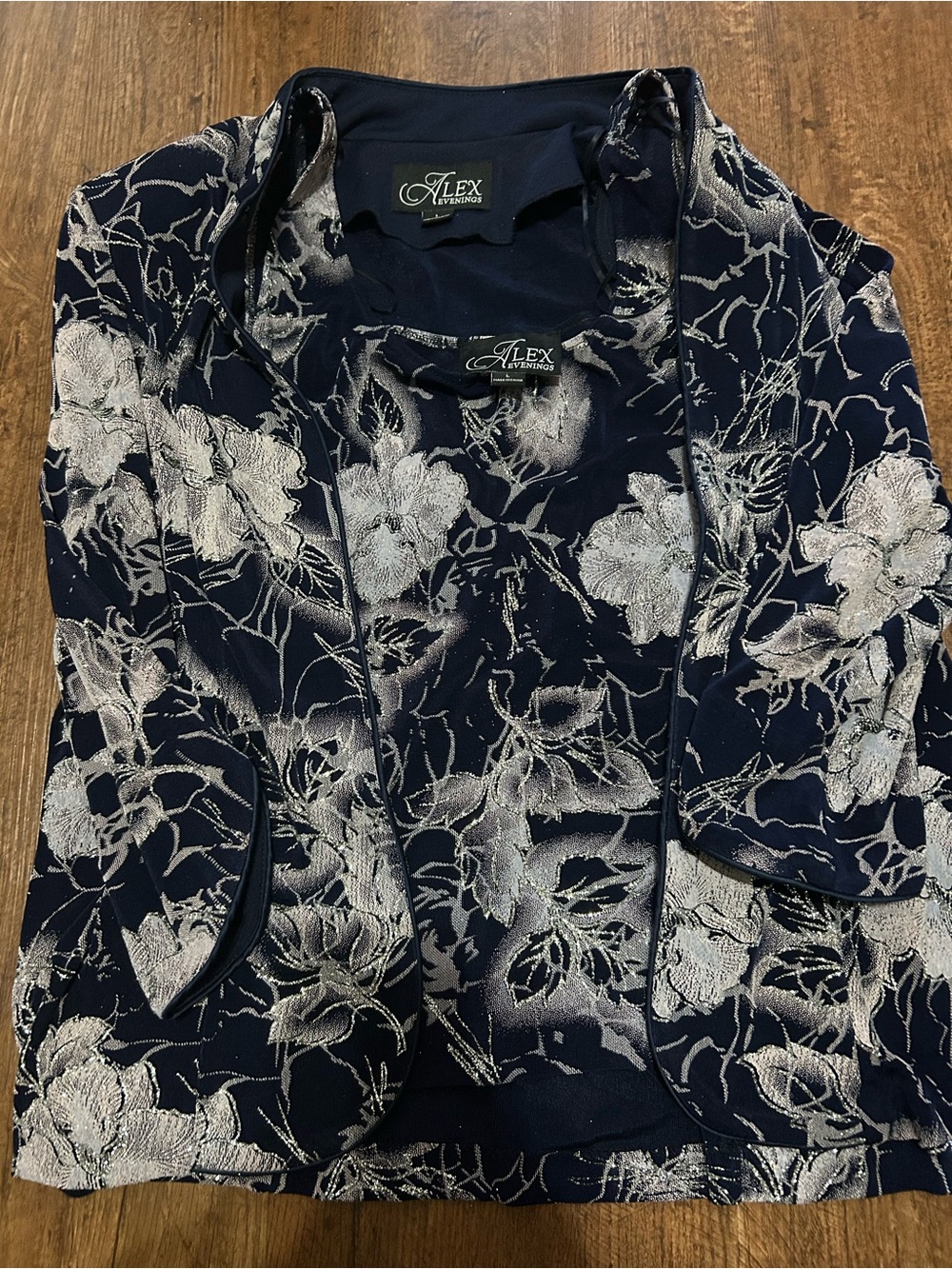 Alex Evenings Navy and Silver Floral Evening Jacket and camisole Set
